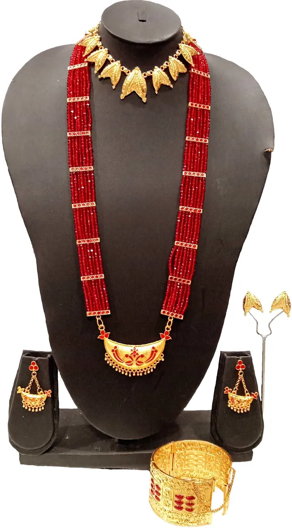 Assamese_Traditional_Gold_Plated_Red_Colour_Combo_Jewellery_Set_For_Women